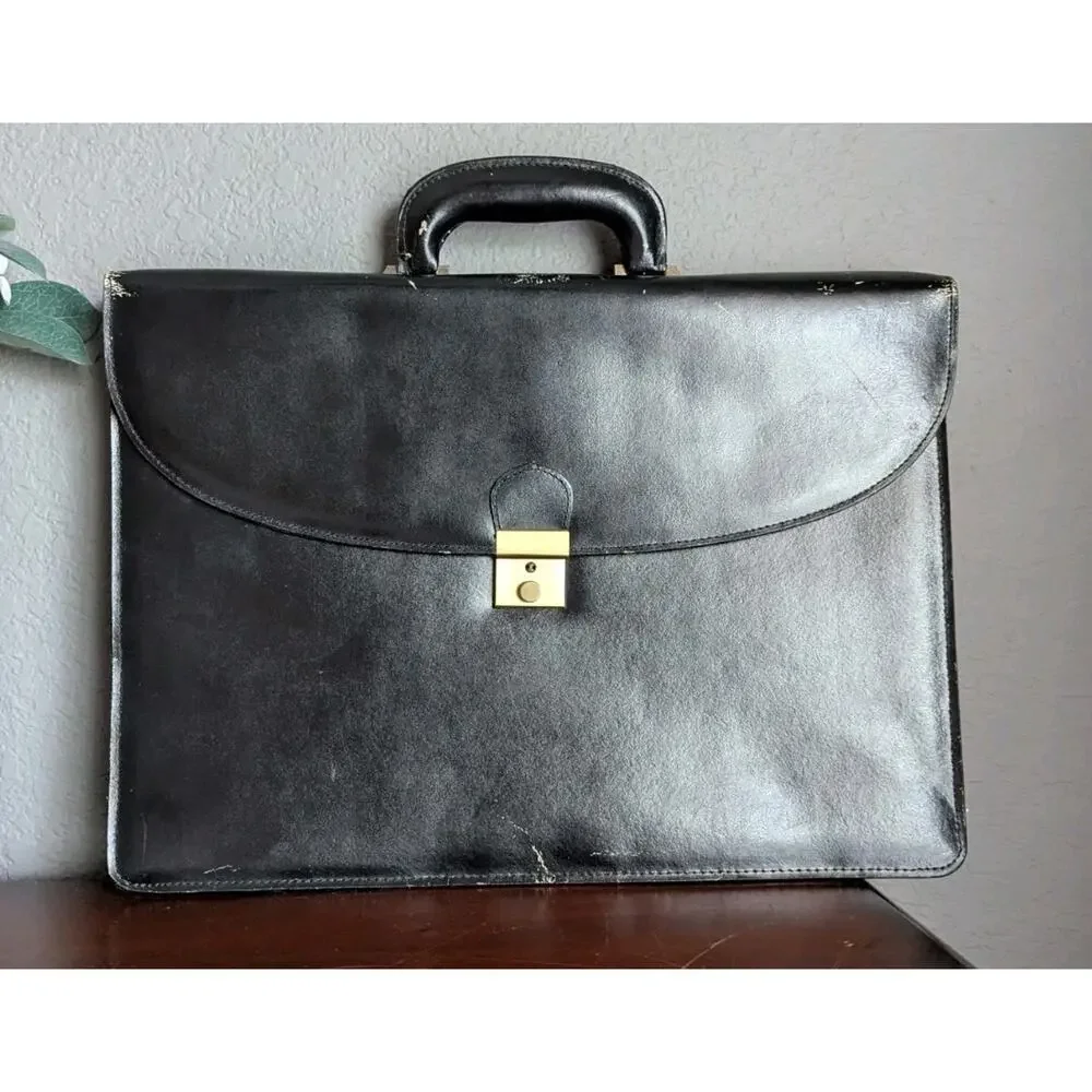 Amiet Swiss Leather Briefcase Portfolio Attache Bag Black Vtg Business